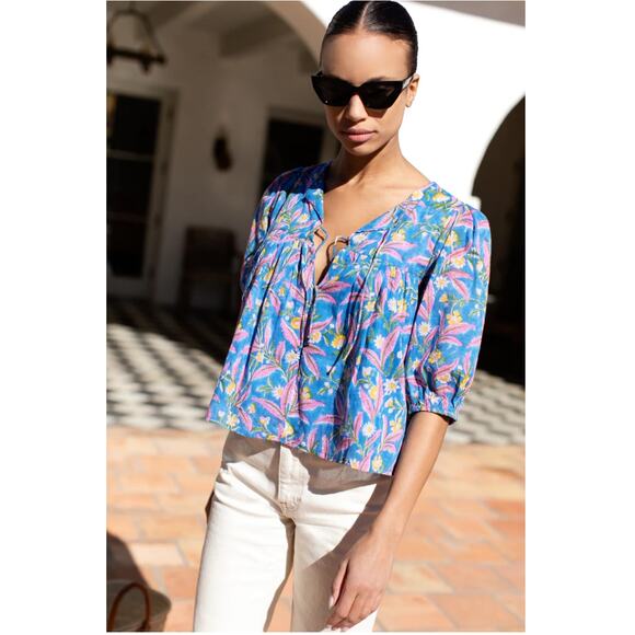EMERSON FRY India Collection Puff Isla Blue Floral Aanya's Garden Top  // XS S - Picture 1 of 16